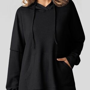 Black Waffle Knit High Low Oversized Hoodie‎